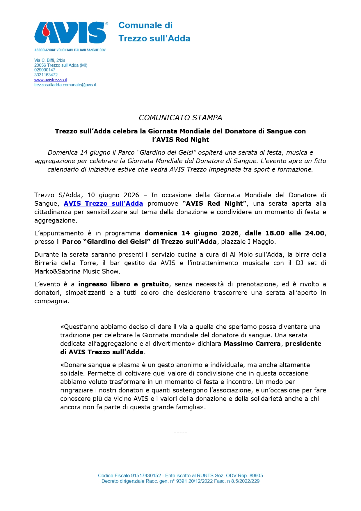 Comunicato Stampa: AVIS Trezzo per il WBDD2026